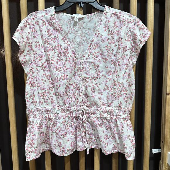 Time and Tru Blouse Womens XL Pink Floral Button Front V-Neck Peplum Drawstring - Picture 1 of 7